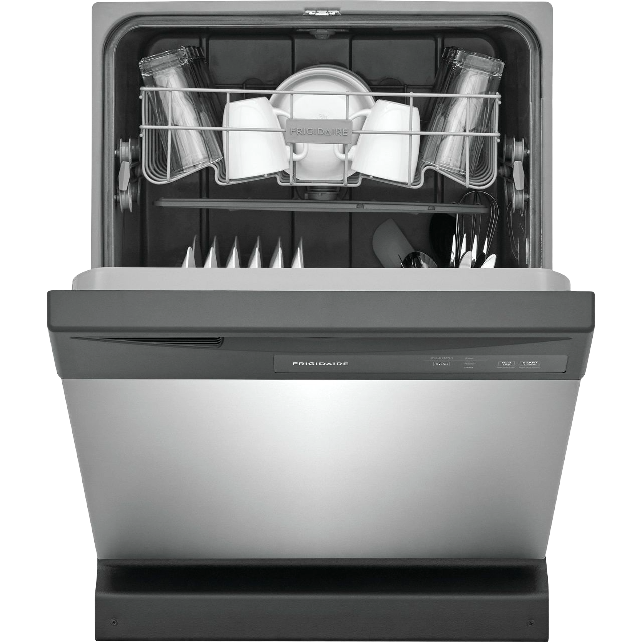 Open stainless steel dishwasher with loaded racks containing white dishes, glasses, and cutlery for kitchen improvement.