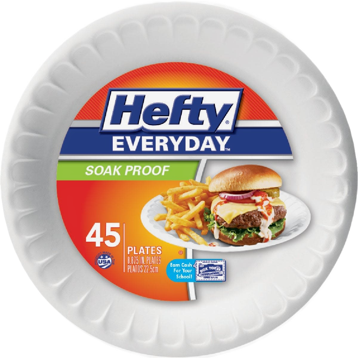 Stack of white disposable foam plates with a label featuring a burger and fries, kitchenware item under $50