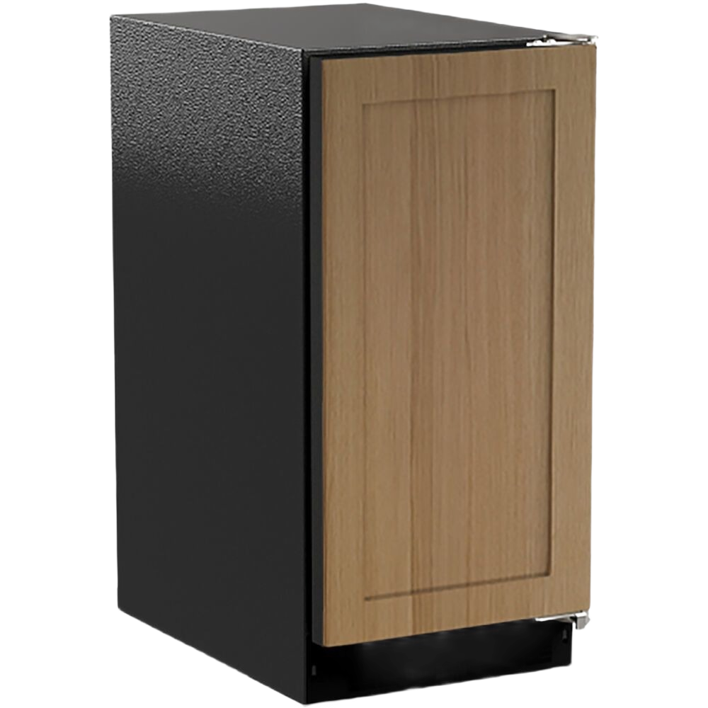 Compact black ice machine with wood front panel, reversible door, and pump feature in appliances and kitchenware collection