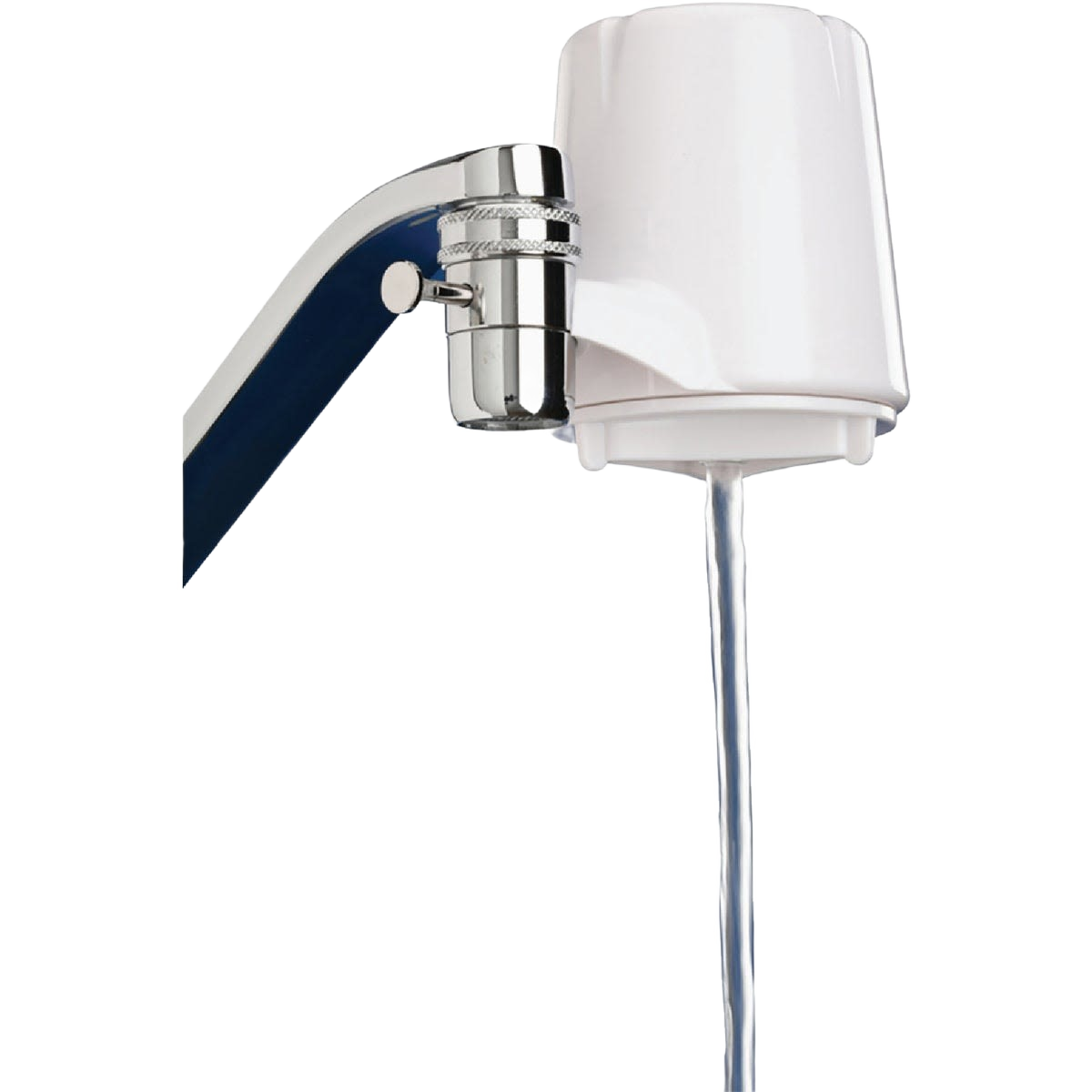 White faucet mounted water filter with chrome attachment pouring clear water for home improvement use