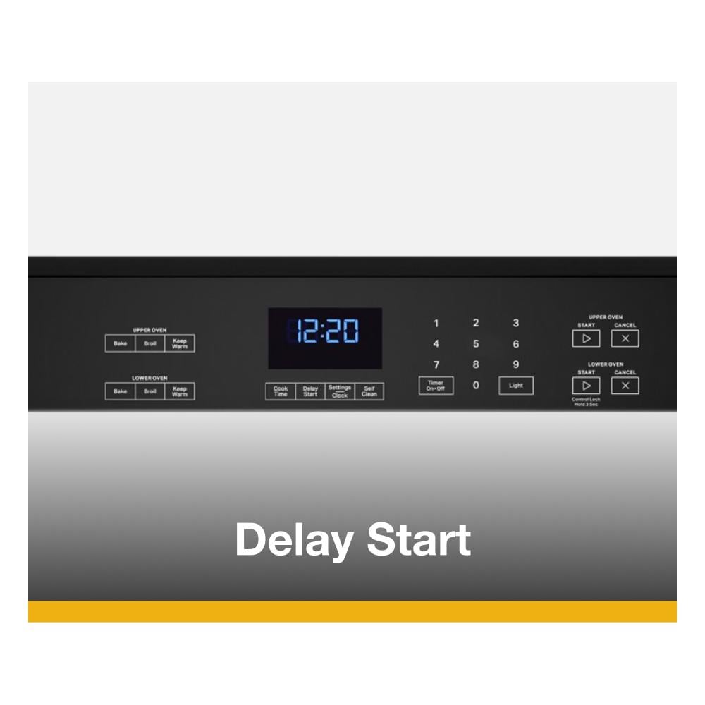 Digital control panel with blue LED clock and touchpad for delay start on stainless steel double wall oven
