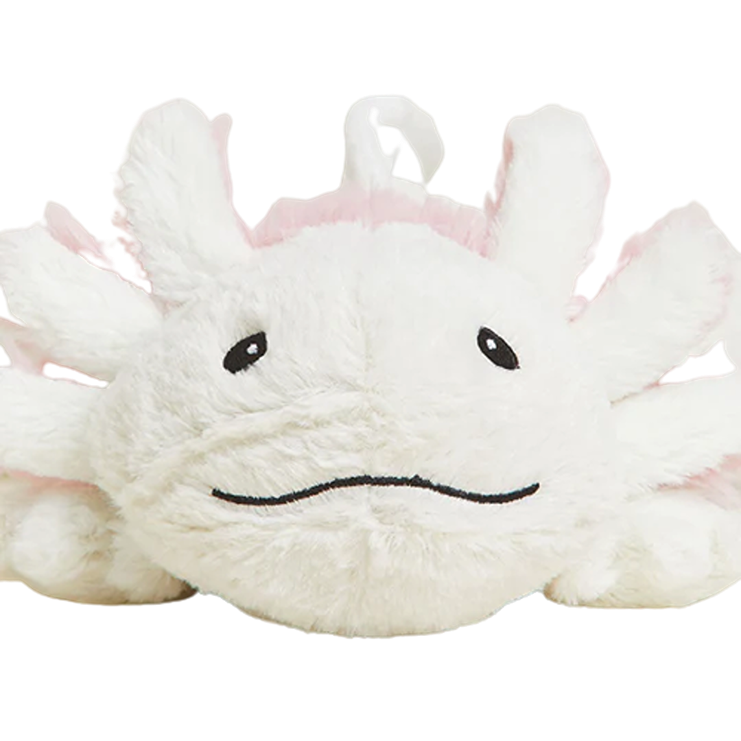 Soft white plush axolotl with subtle pink accents designed for comforting warmth and gentle relaxation