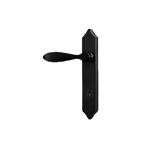 Coal black door lever with Windsor style backplate for exterior doors in hardware and home improvement collection