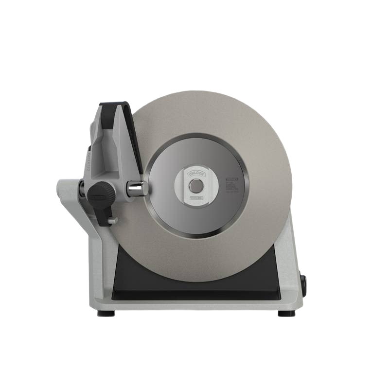 Zinc gray kitchen knife sharpener with circular grinding wheel in woodworking tools and sharpeners collection