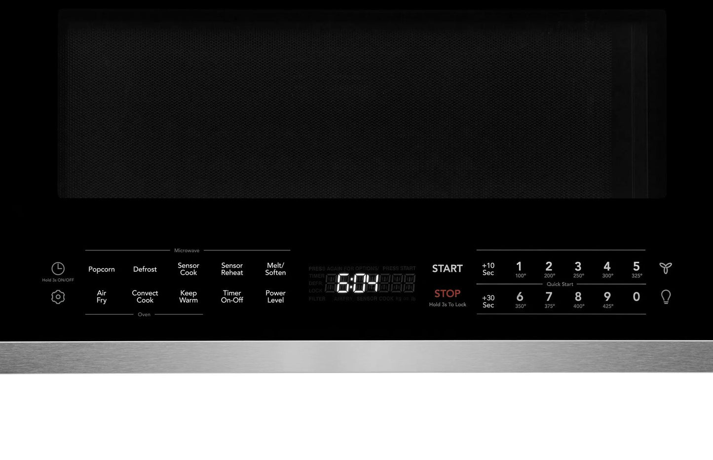 Close-up of digital control panel with timer and cooking function buttons on stainless steel microwave from Microwaves collection