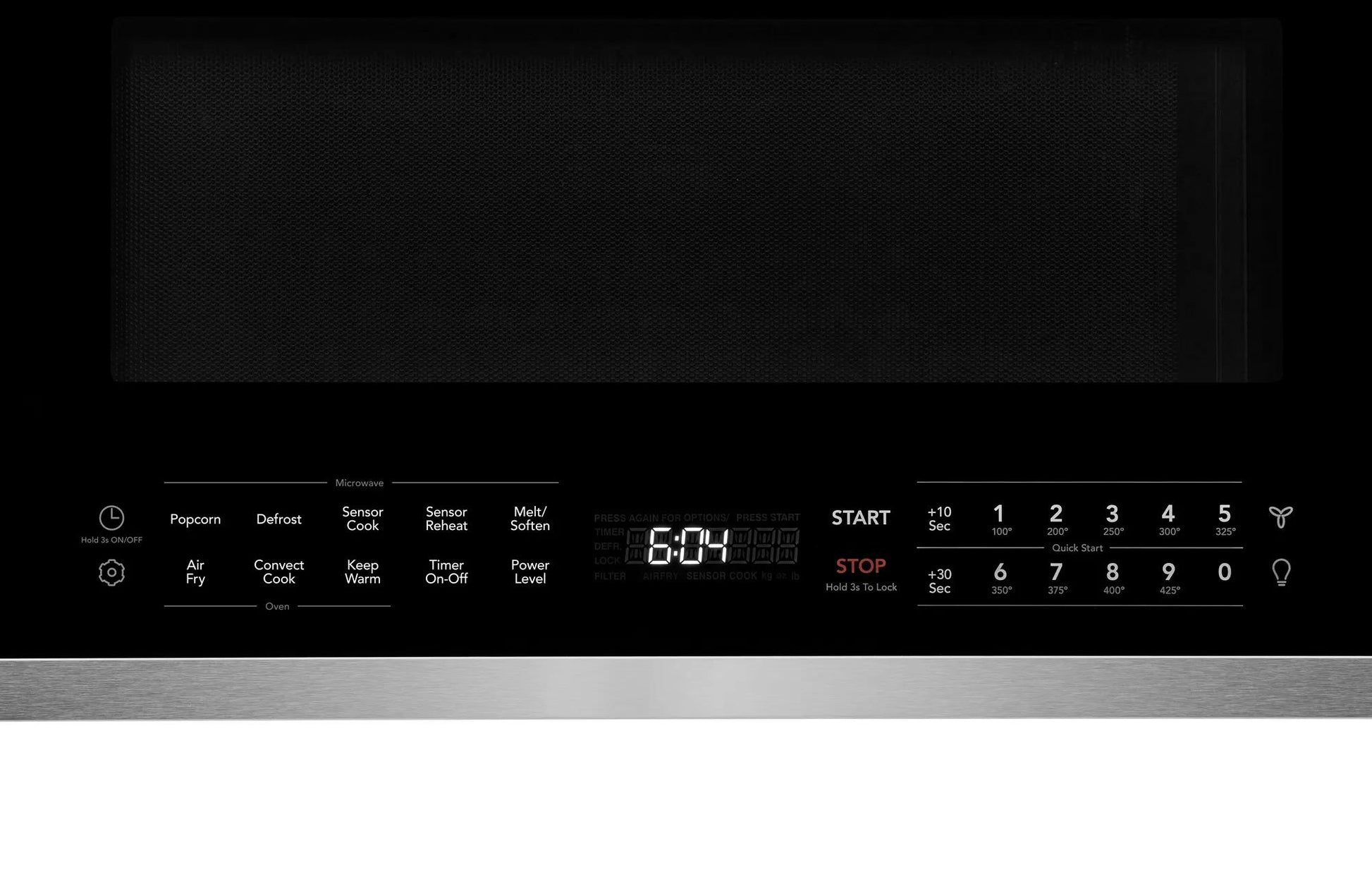Close-up of digital control panel with timer and cooking function buttons on stainless steel microwave from Microwaves collection