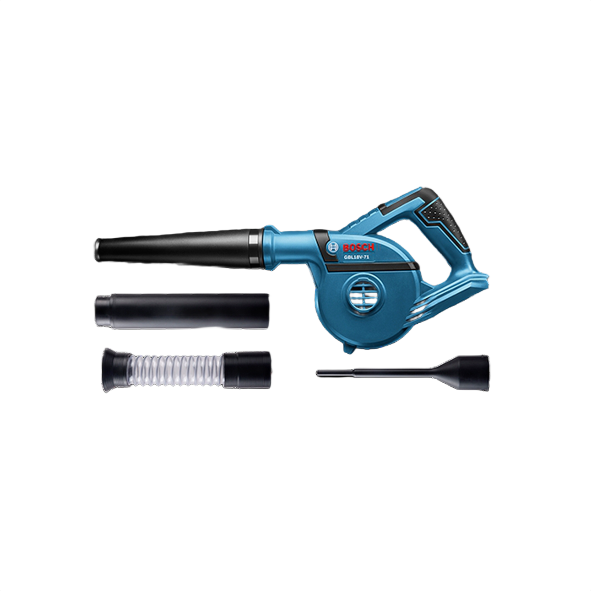 Cordless blue Bosch 18V blower tool with multiple nozzle attachments for home improvement tasks