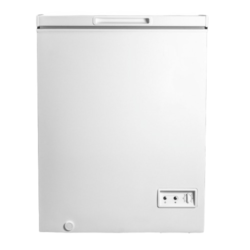 White chest freezer with front temperature control dial and power indicator light for kitchen appliance use
