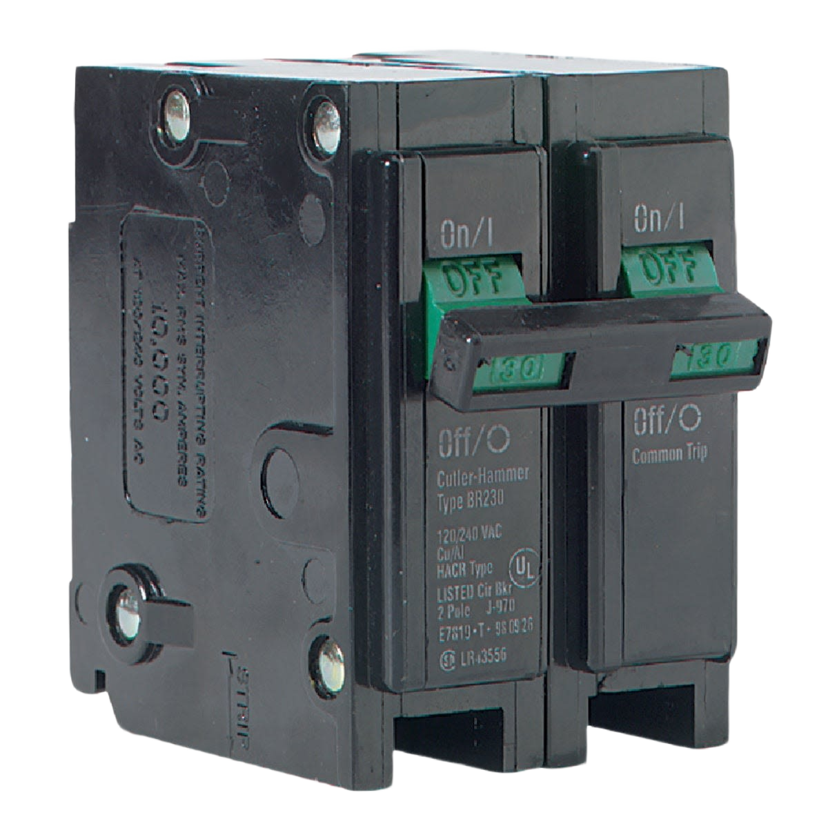 Black double-pole circuit breaker with common trip switch for electrical panel protection in home improvement tools