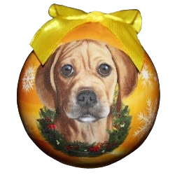 Round Christmas ornament featuring a puggle dog portrait with festive wreath and yellow ribbon for tree decoration collection