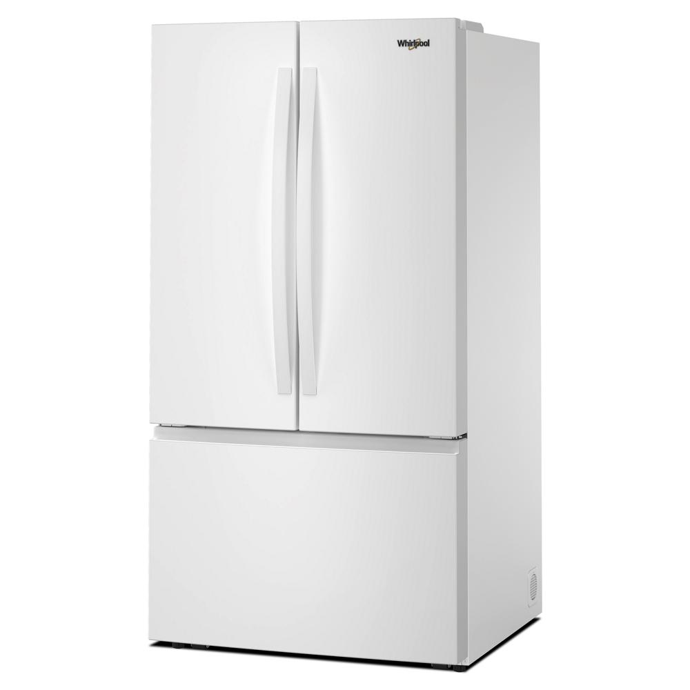 White French door refrigerator with bottom freezer and curved handles in kitchen appliances collection