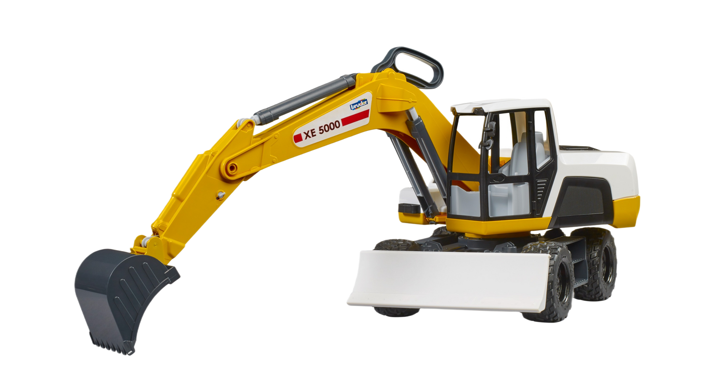 Yellow and white Bruder XE 5000 Excavator toy with articulated arm and detailed digging bucket for realistic play and display