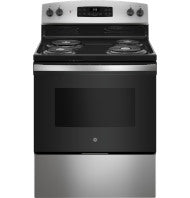 Stainless steel free-standing electric range with coil burners and digital display in modern kitchen appliance setting