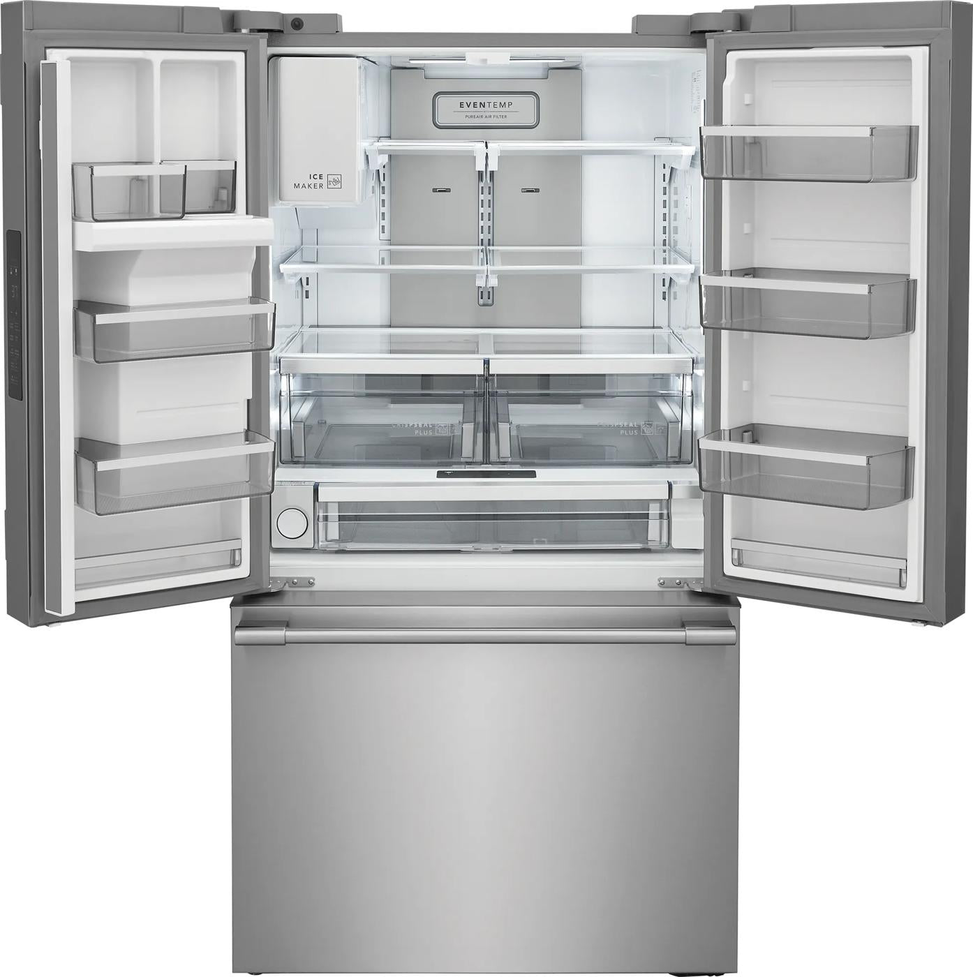 open stainless steel 23 cu ft refrigerator with French doors and spacious multi-level storage in kitchen appliances collection