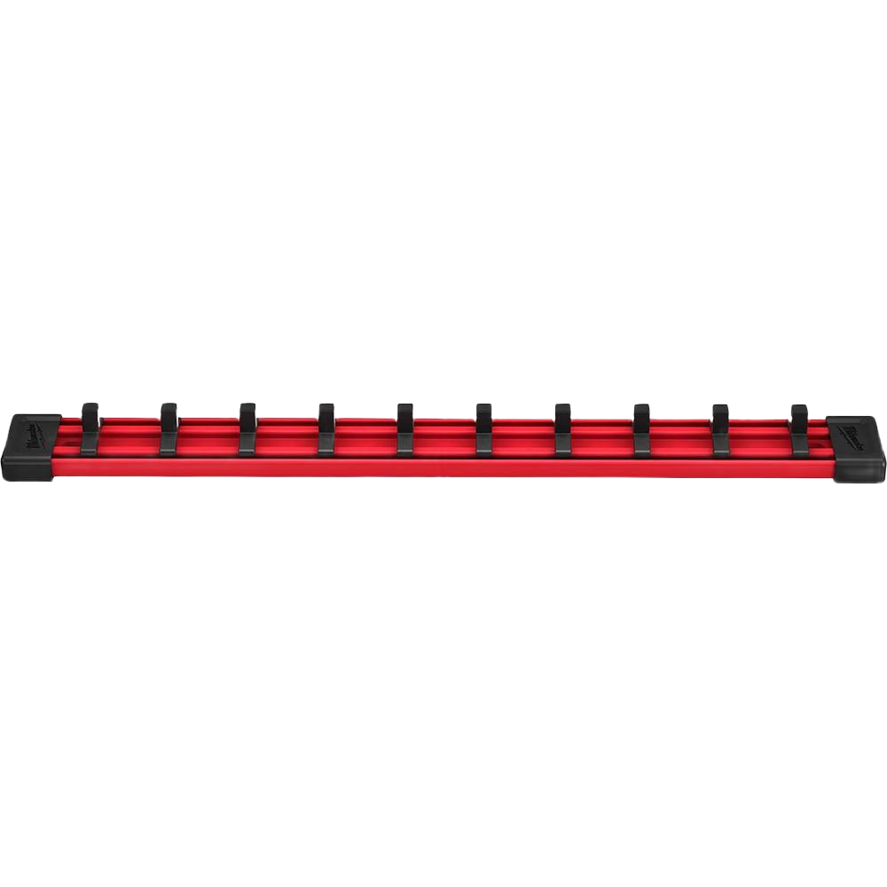 Red metal socket rail with adjustable clips for organizing 1/4-inch drive sockets in workshop tool storage