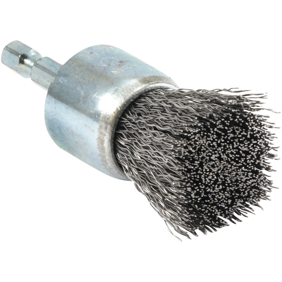 Wire brush with hex shank for power tool attachment, designed for cleaning, blending, and polishing in home improvement projects.