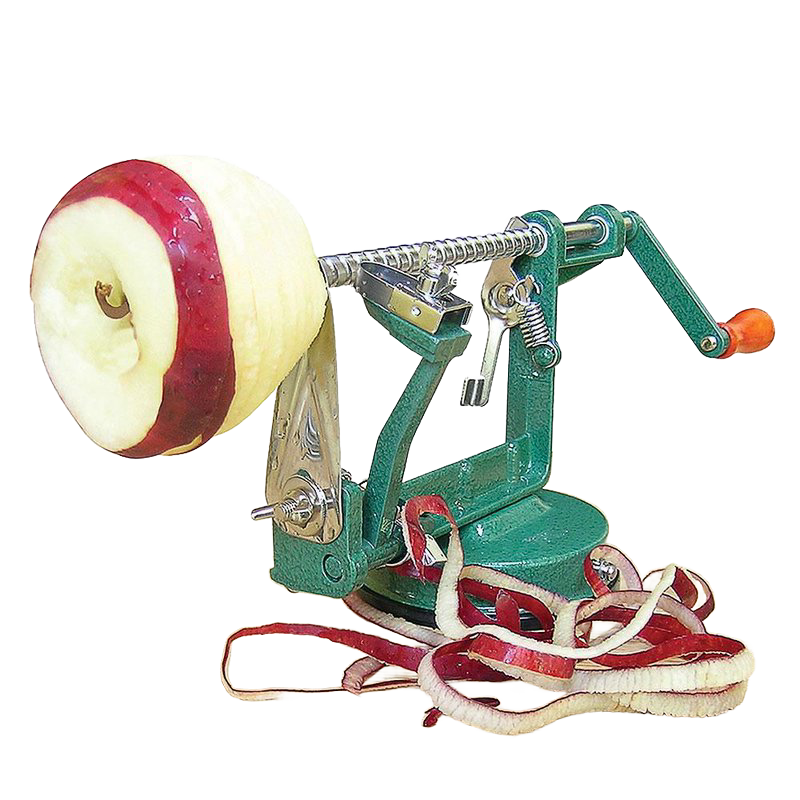 Green metal suction cup apple peeler with wooden handle peeling red apple on kitchenware tool surface