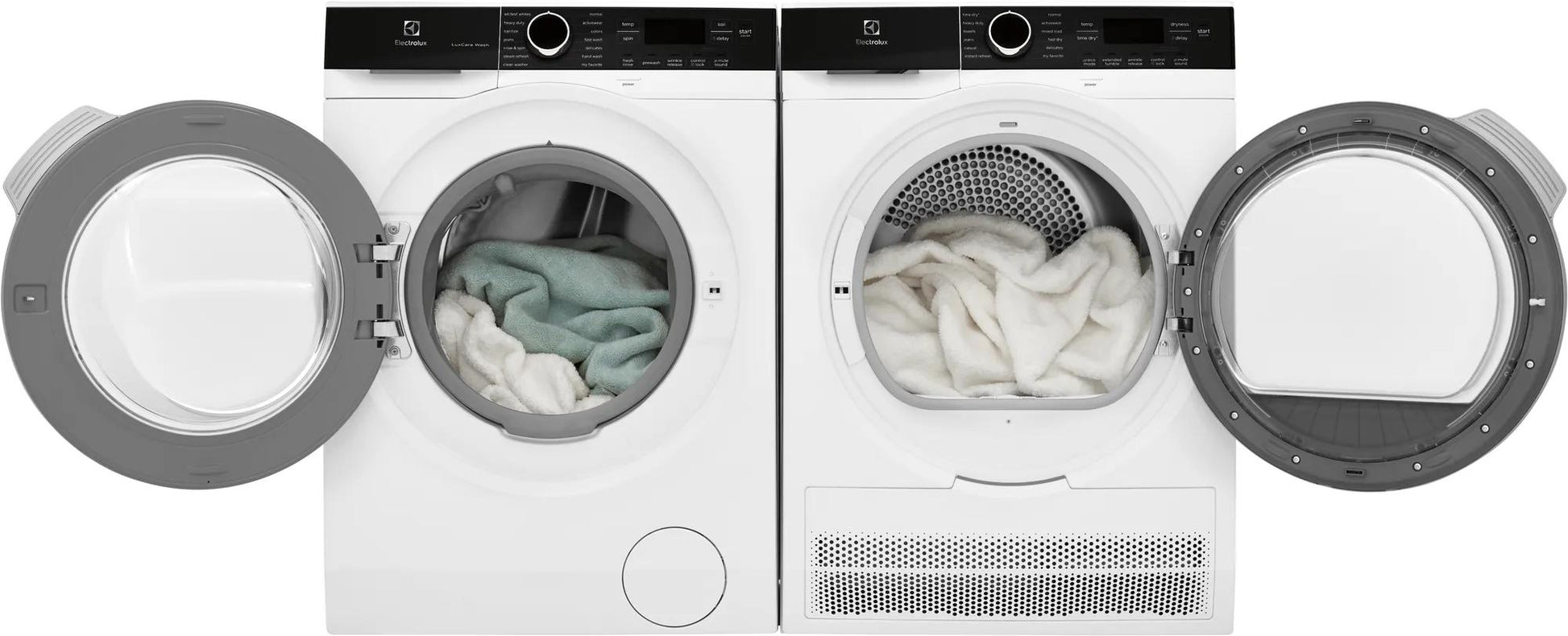 White front load washer and compact ventless dryer with open doors and digital controls from Dryers collection