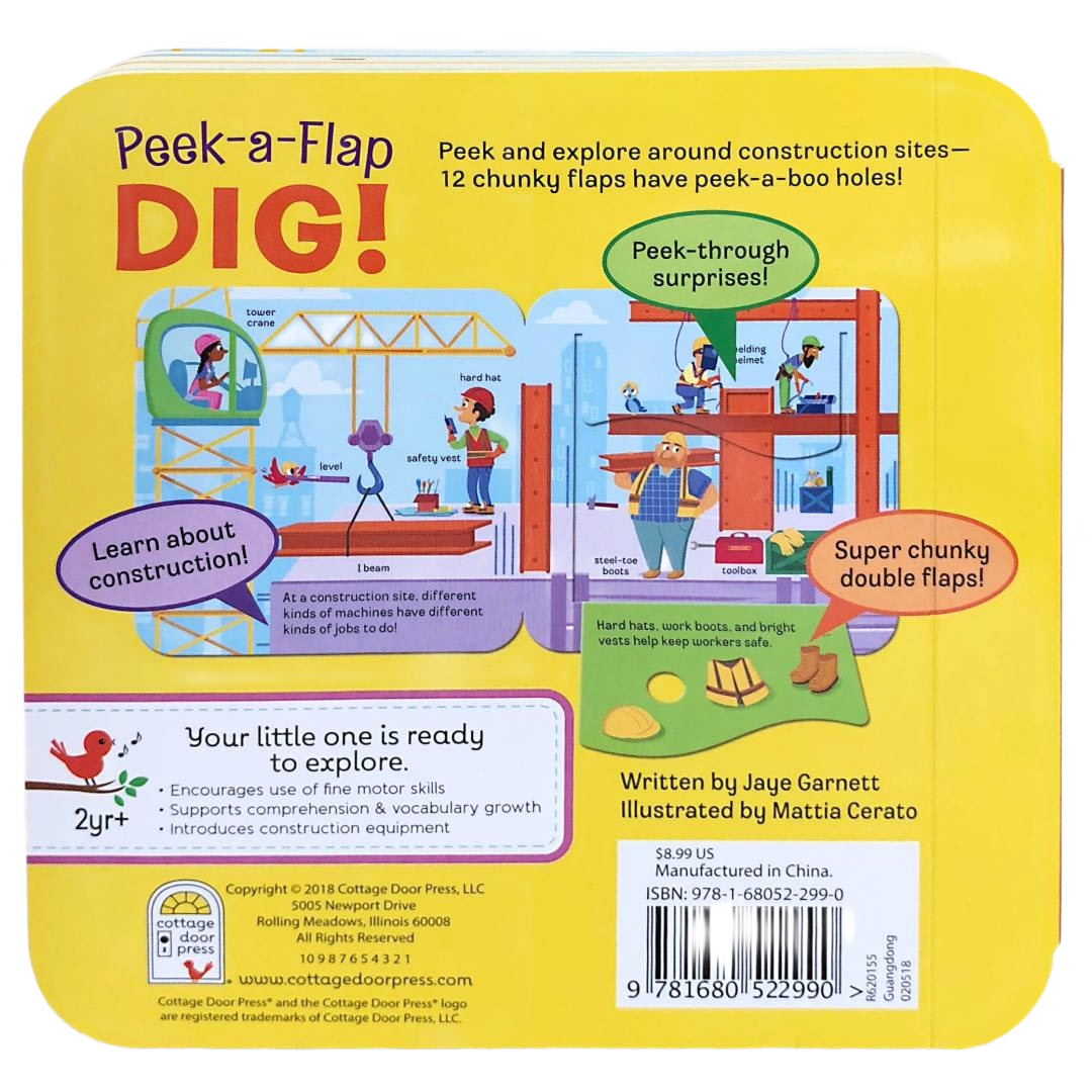 Back cover of a children’s construction-themed interactive board book with colorful illustrations and flap features