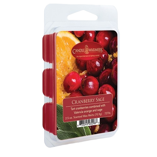 Package of red cranberry sage wax melts with orange slice and sage leaves on label
