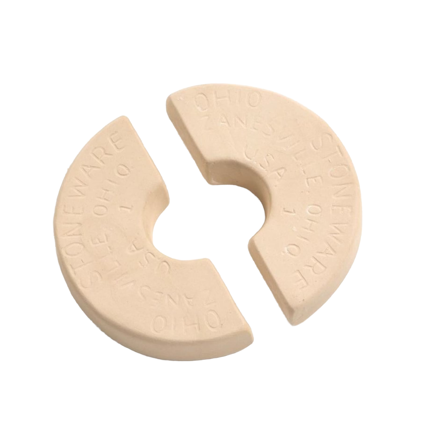 Two beige stoneware weight stones for crocks with embossed lettering, suitable for Kitchenware and Under $50 collections