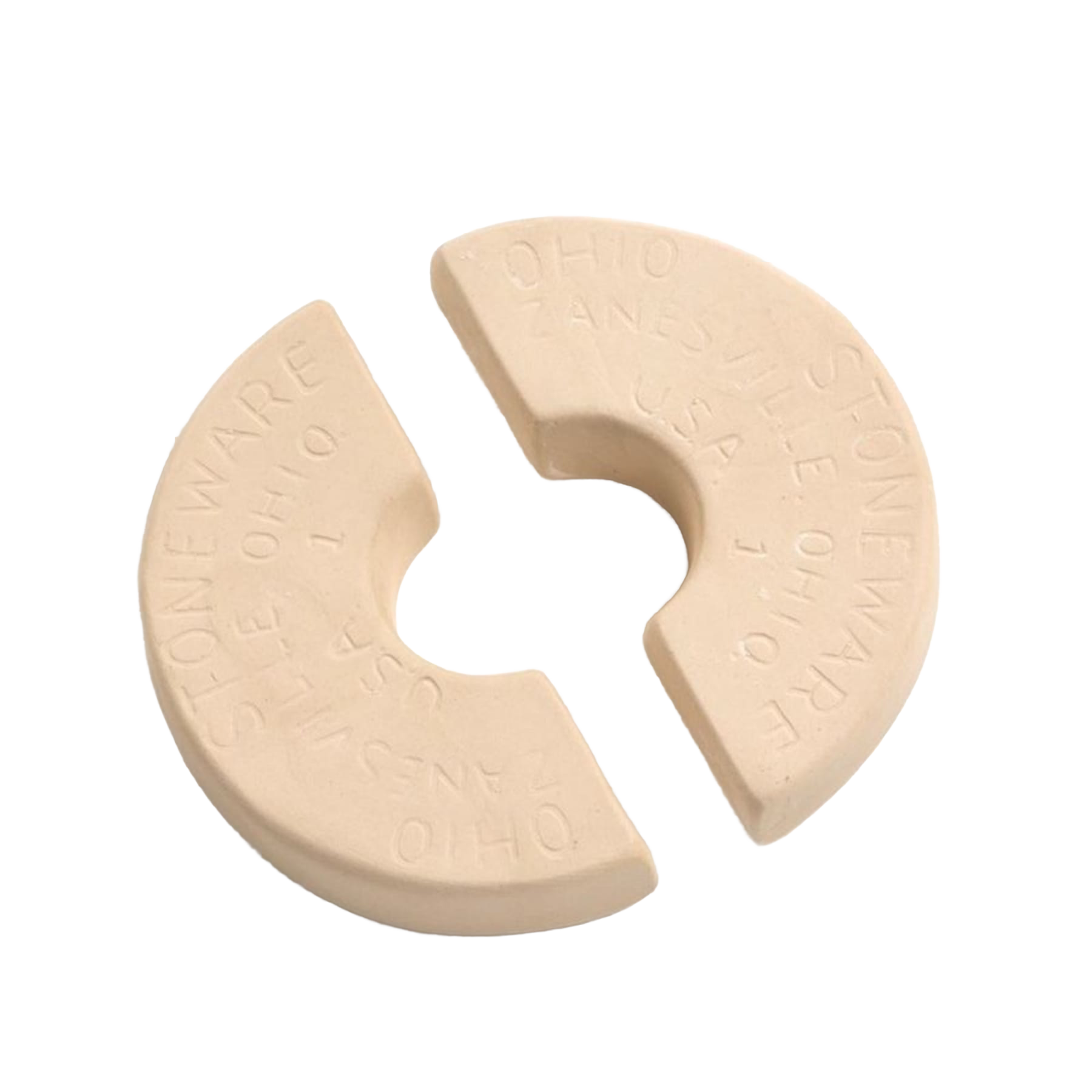 Two beige stoneware weight stones for crocks with embossed lettering, suitable for Kitchenware and Under $50 collections