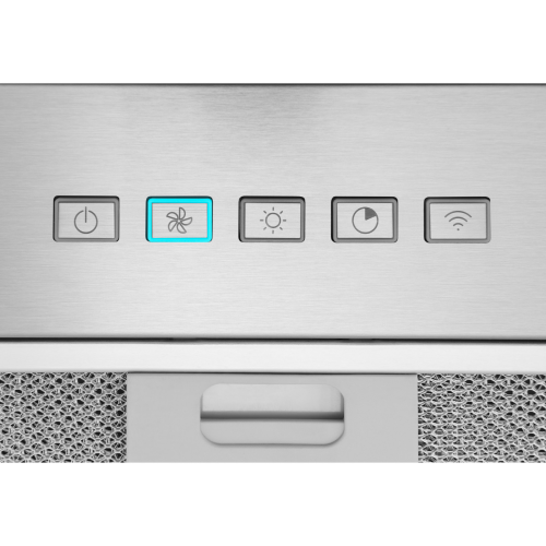 Control panel close-up of stainless steel range hood insert with ventilation, lighting, timer, and WiFi buttons for kitchen appliances.