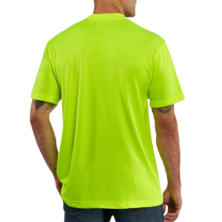 Bright lime short-sleeve performance t-shirt with moisture-wicking fabric, designed for men’s workwear and high-visibility clothing collections.