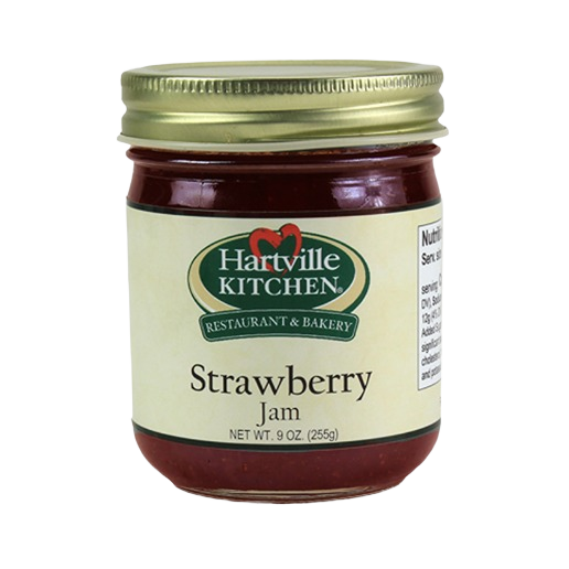 Jar of Hartville Kitchen strawberry jam with gold lid, part of jams and jellies under $50 food and beverage collections
