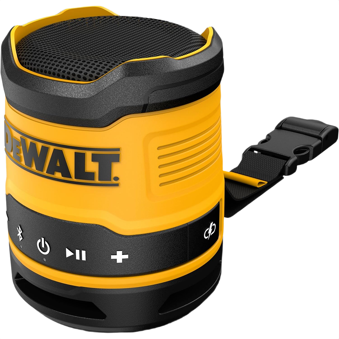 Compact yellow and black rechargeable Bluetooth speaker with control buttons and clip for portable use in home improvement settings