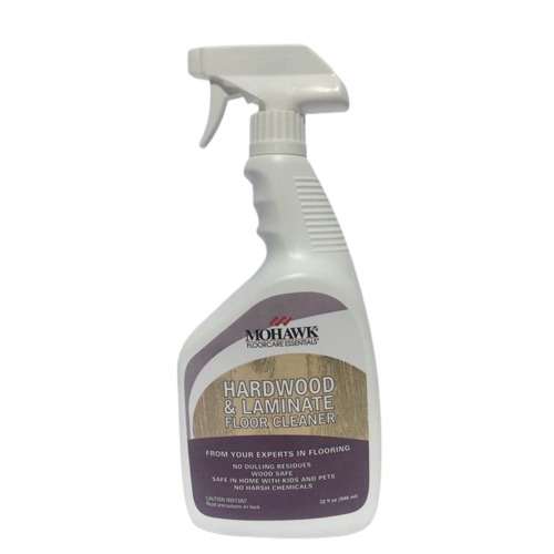 Spray bottle of Mohawk hardwood and laminate floor cleaner designed for safe, gentle cleaning in home flooring care.