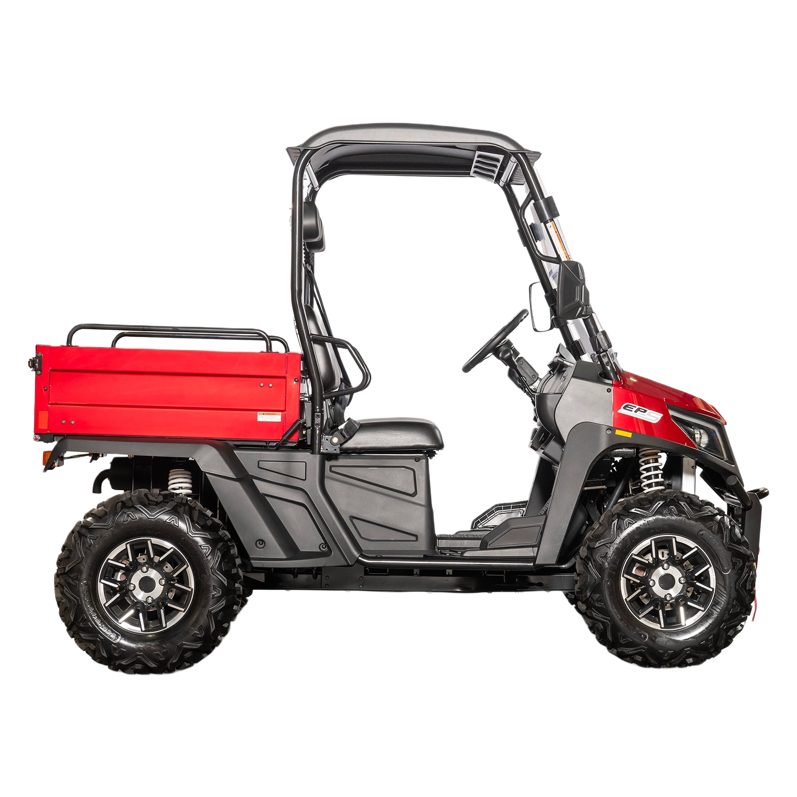 Red rugged utility vehicle with cargo bed, roll cage, and off-road tires designed for outdoor tasks and home improvement.