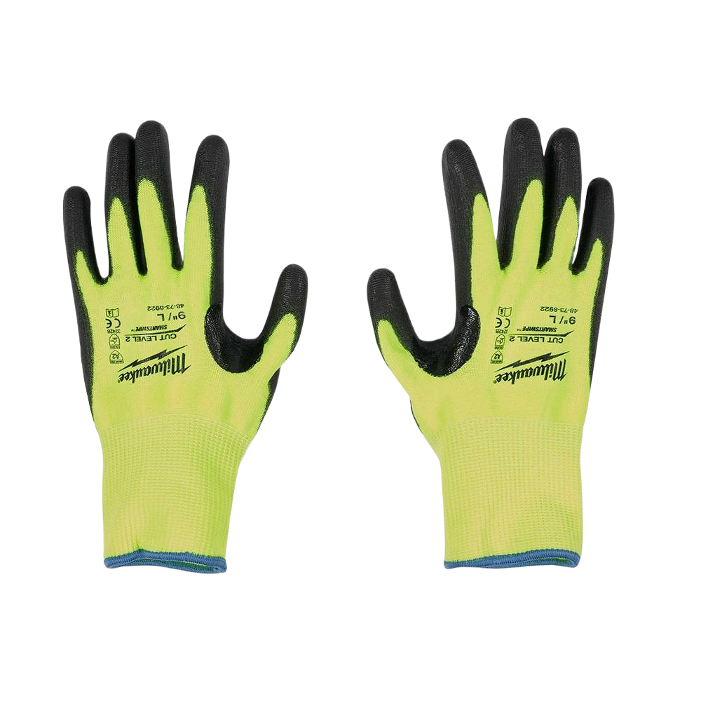 Pair of high-visibility yellow gloves with black polyurethane palms for cut-resistant safety in work glove and hardware collections