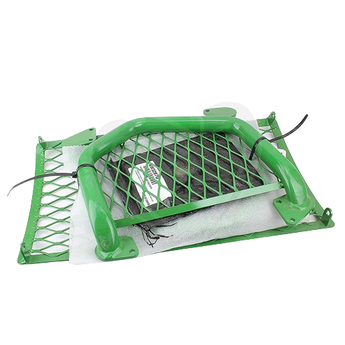 Green metal deluxe hood guard with mesh design for John Deere equipment in automotive and tool accessory collections