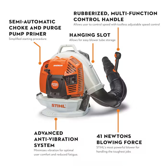 Orange and white backpack blower with ergonomic control handle, anti-vibration system, and powerful 41 Newtons blowing force for home use