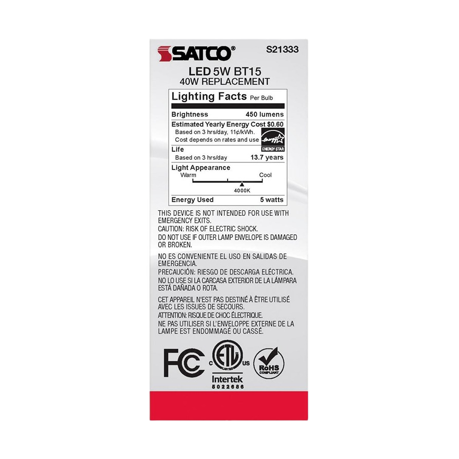 Packaging box of Satco 5 watt BT15 LED bulb with energy and brightness details for home and office lighting