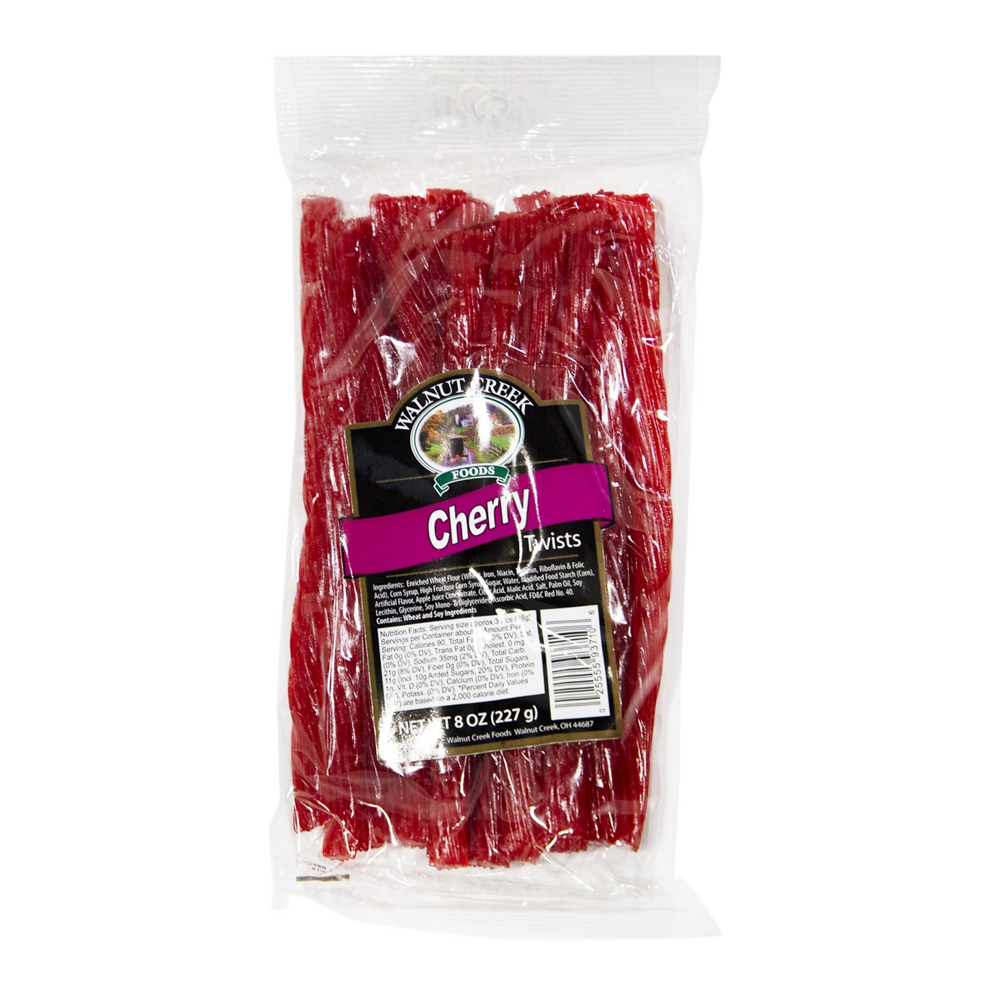 Clear plastic bag of red cherry twist candies for candy and food & beverage collection under $25 and under $50.