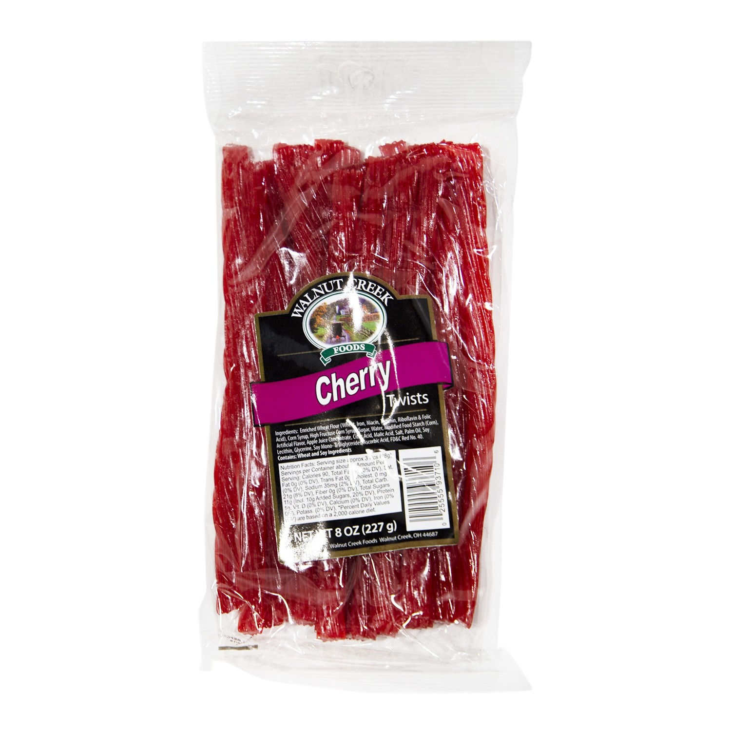 Clear plastic bag of red cherry twist candies for candy and food & beverage collection under $25 and under $50.