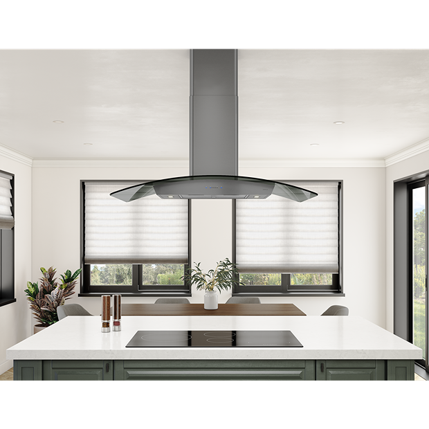 Smoke-gray glass canopy over island cooktop with black stainless steel finish in kitchen and home improvement collections