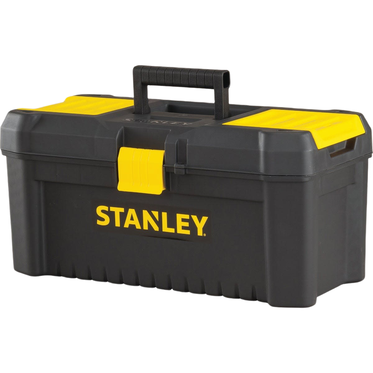 Black and yellow durable tool storage box with handle and secure latch for workshop and jobsite organization