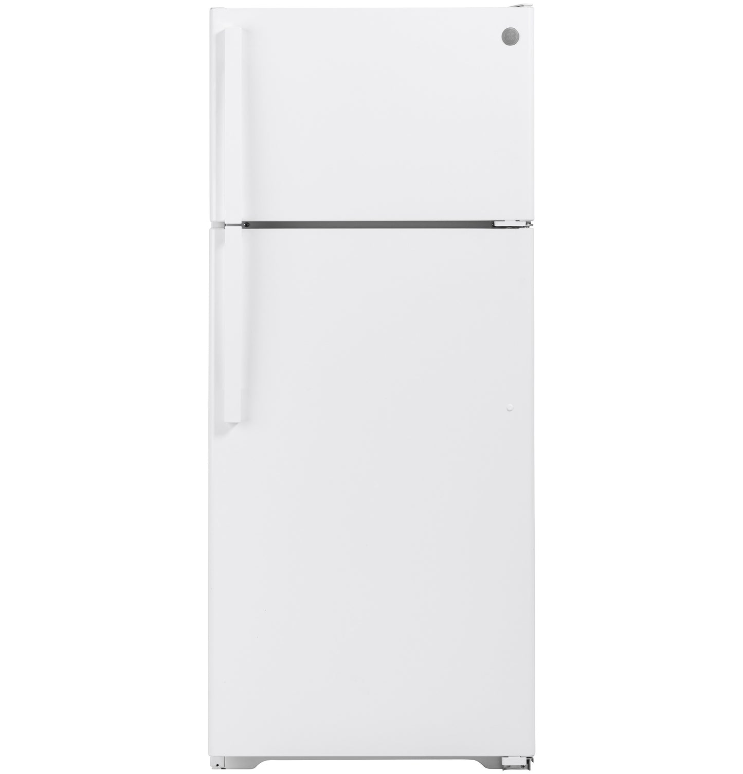 White top-freezer refrigerator with two doors and vertical handles from kitchen appliances and home improvement collection