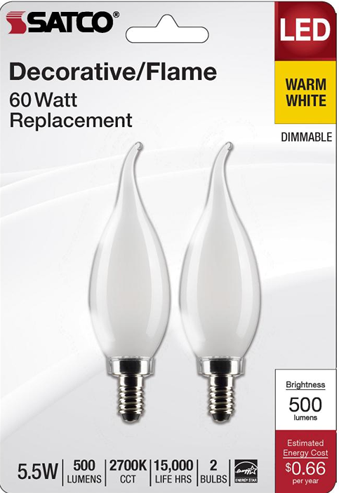 Two frosted flame-shaped LED bulbs with silver bases for lighting and home improvement under $50 collections