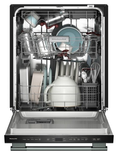 Open KitchenAid dishwasher loaded with dishes and utensils in Kitchen & Kitchenware and Appliances collection