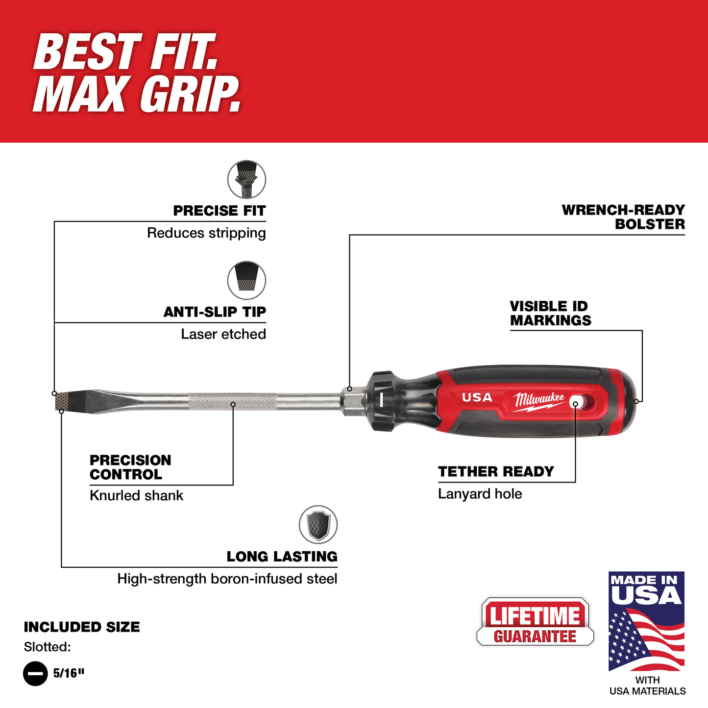 Red and black cushion grip screwdriver with knurled shank and laser-etched slotted tip for tools and home improvement tasks