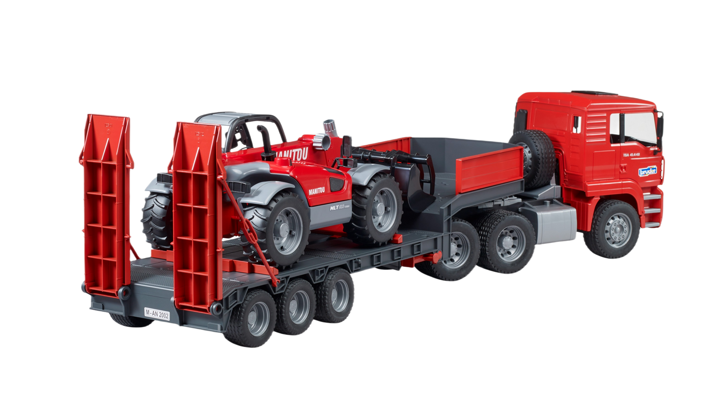 Red flatbed truck model hauling a compact red Manitou loader toy designed for detailed construction play sets