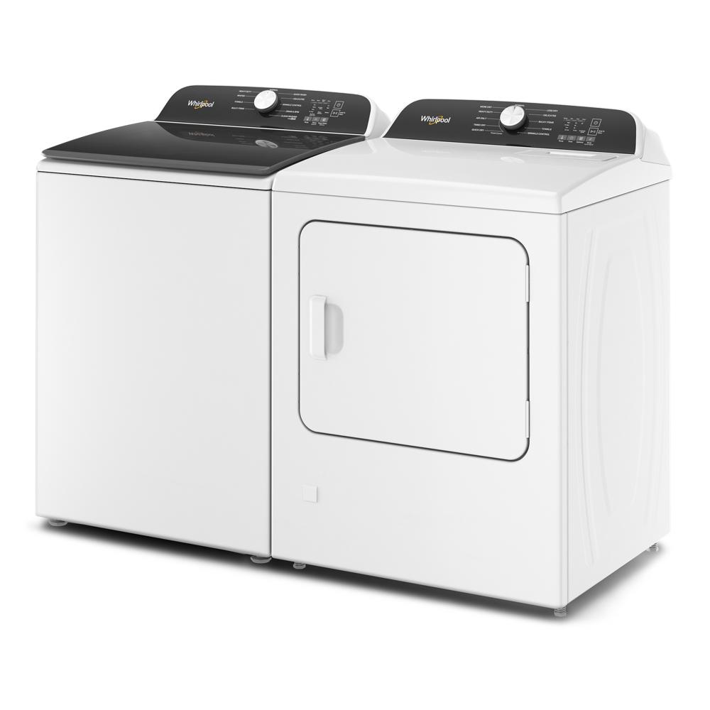 White top load washing machine and front load dryer pair with control panels in the Washers & Dryers collection