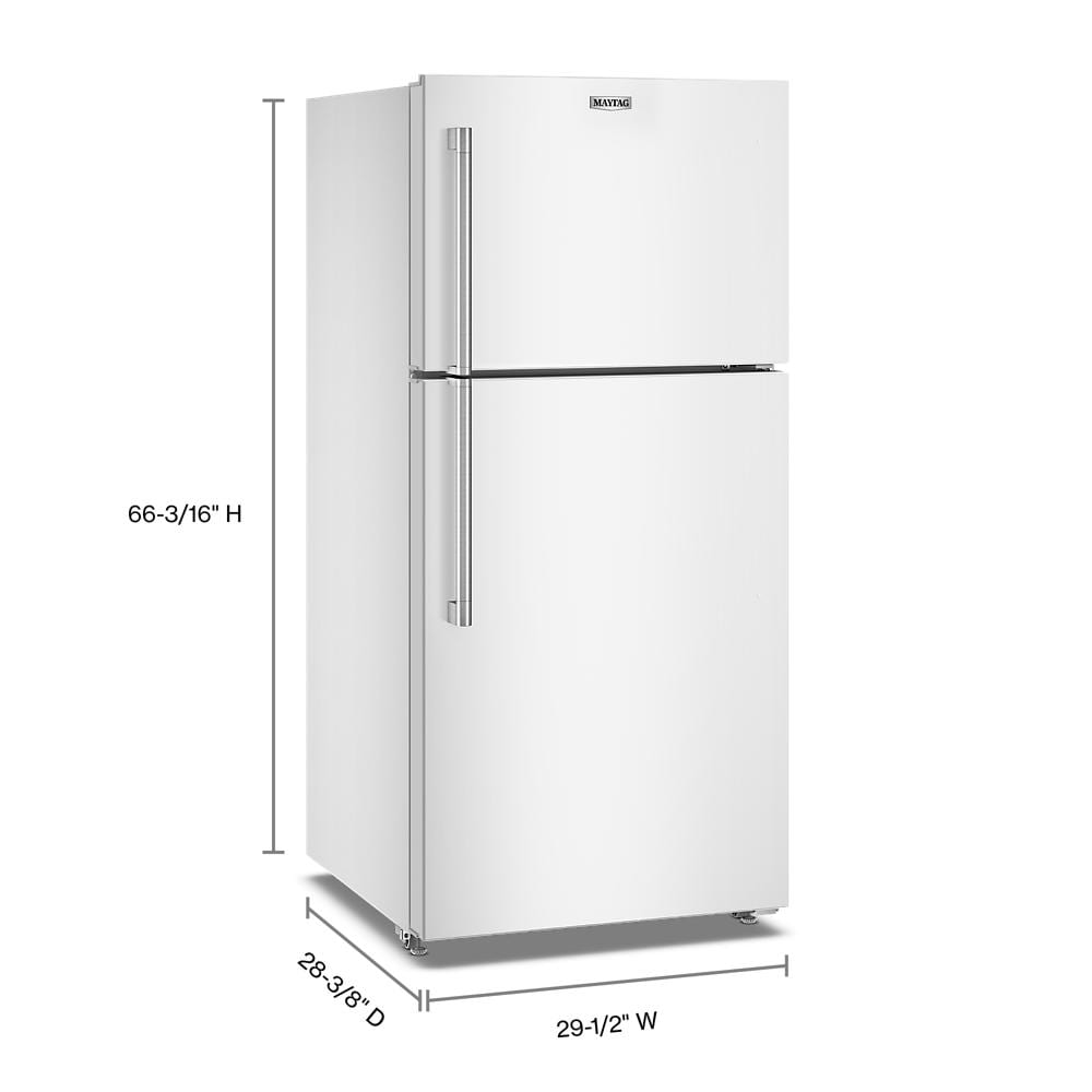 White top-freezer refrigerator with vertical stainless steel handles shown with height, width, and depth dimensions labeled