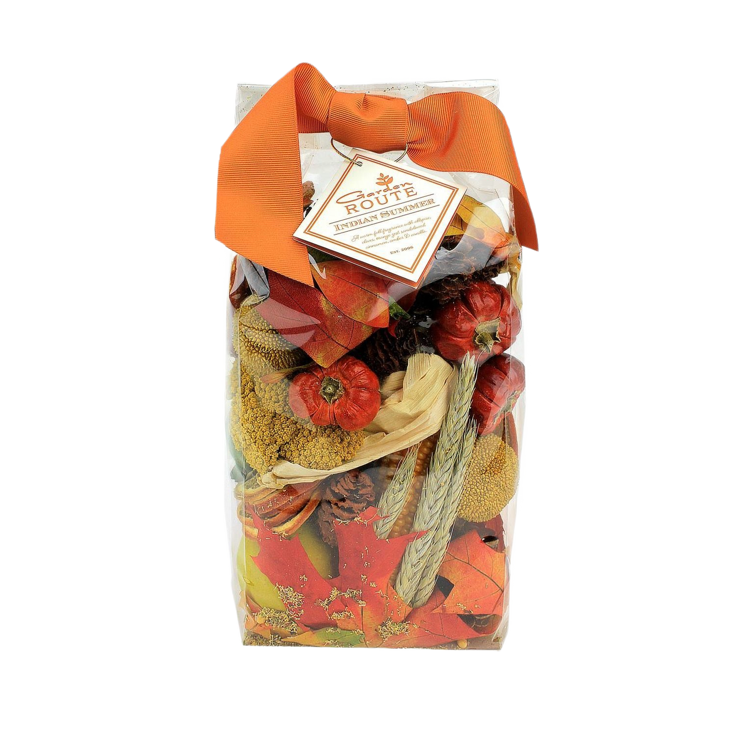 Clear bag of autumn-inspired potpourri with orange bow for home accents and decor collections under $50