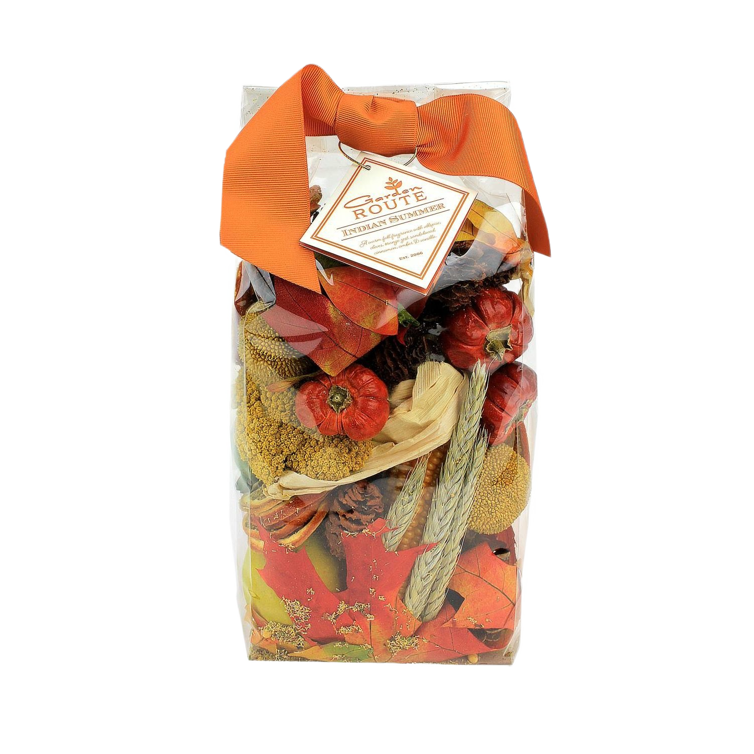 Clear bag of autumn-inspired potpourri with orange bow for home accents and decor collections under $50