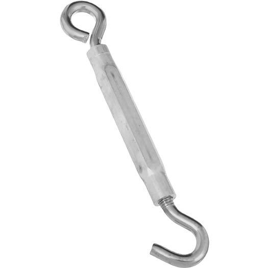 Stainless steel hook and eye turnbuckle for tightening cables in storage, garage, and home improvement projects